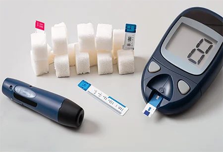 A glucose meter alongside sugar cubes and a blood pressure cuff, representing essential tools for Type 2 diabetes management.