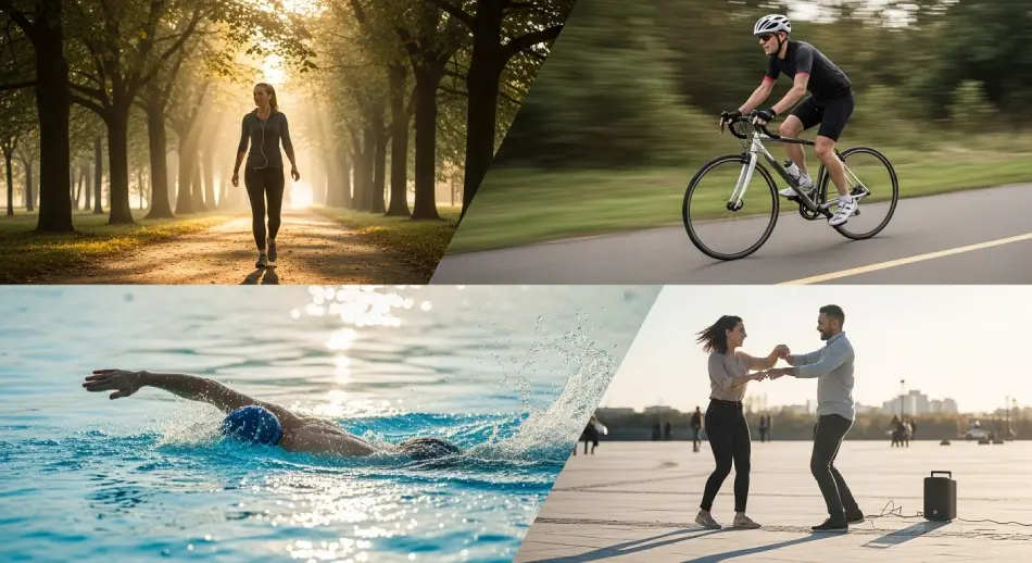 A vibrant collage of individuals biking, walking, dancing, and swimming, showcasing exercises beneficial for managing diabetes.