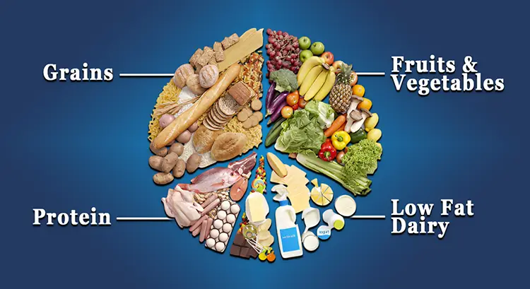 Pie chart showing food groups: grains, protein, fruits & vegetables, and low-fat dairy with matching food items.