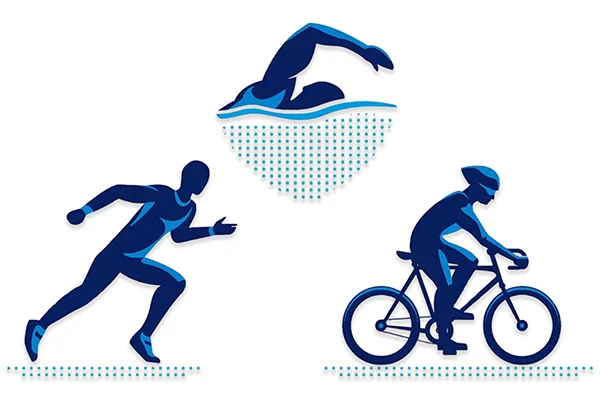 A man cycling alongside a swimmer, illustrating exercise.