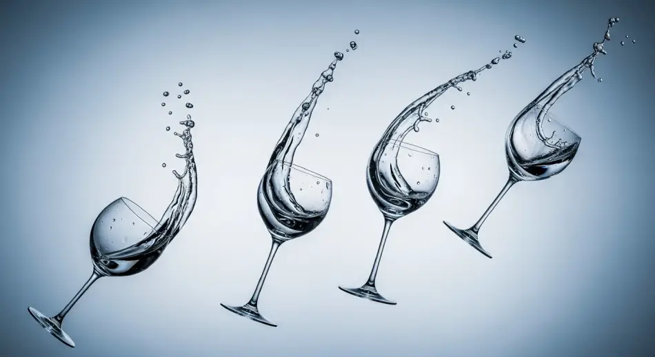 Four elegant wine glasses filled with water, showcasing dynamic splashes against a neutral background.