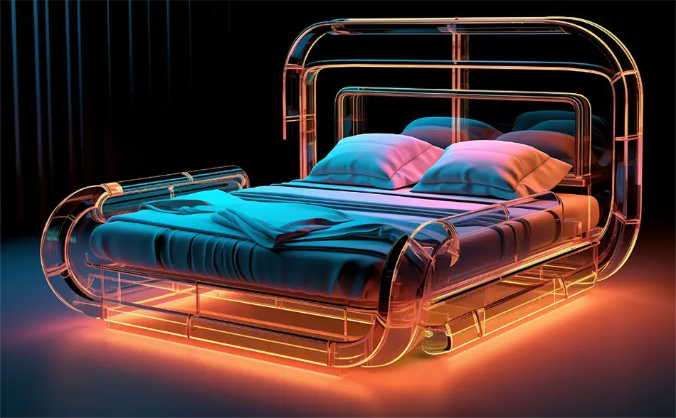 A contemporary bed featuring a striking neon light, enhancing the ambiance with a colorful glow.