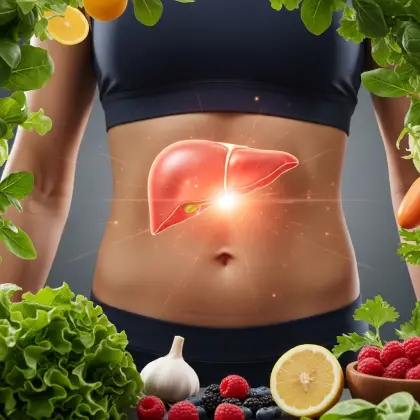 A woman's silhouette is framed by liver and vegetables, emphasizing the connection between body and healthy eating.