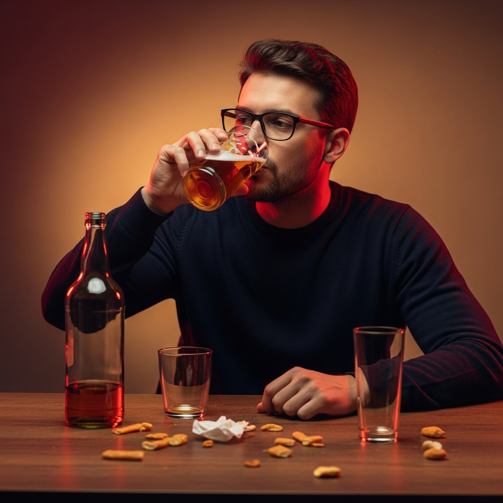 Person drinks from a glass at a dimly lit table with snacks, a bottle, empty glasses, and a crumpled napkin scattered around.