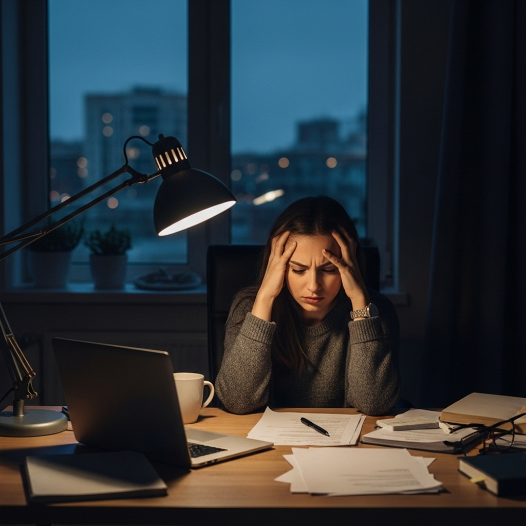 Person works late at desk with laptop, papers, and pen under a lamp; city lights glow through window in the background.