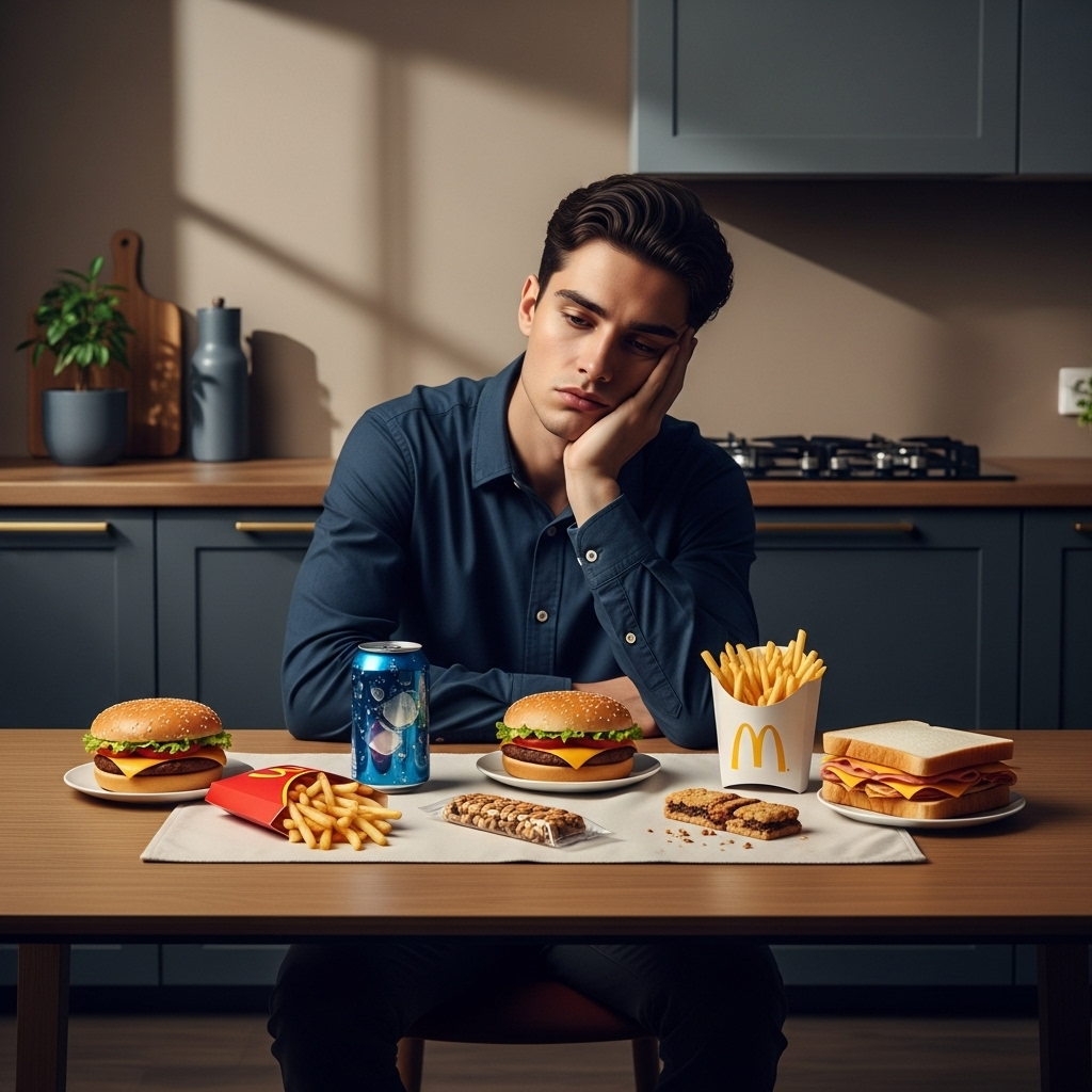 Person at kitchen table with burgers, fries, soda, granola bars, and a stacked sandwich—ready for a fast food feast.