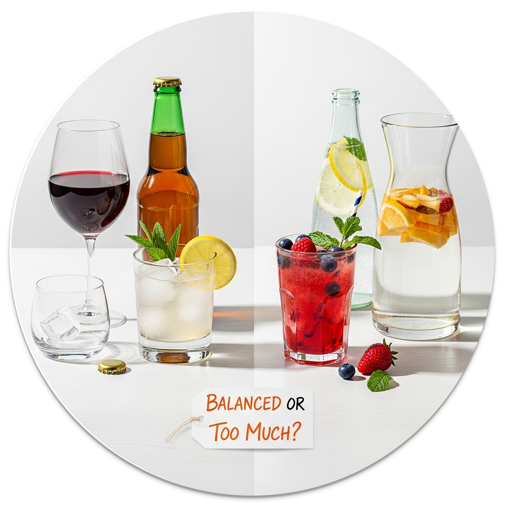 Assorted alcoholic and non-alcoholic drinks with a label asking, 'Balanced or Too Much?