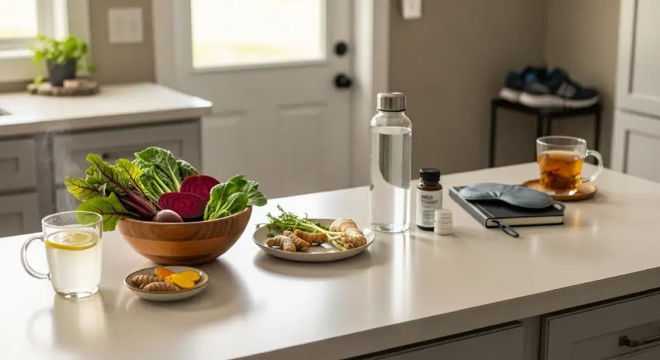 A kitchen counter displays a bowl of vegetables, a water bottle, and a notebook focused on 'Liver-Boosting Habits'.