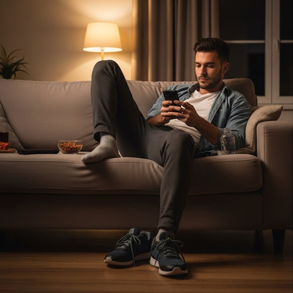 Person sits on beige sofa in cozy room, holding a smartphone; snacks and a drink rest beside them in soft, ambient lighting.