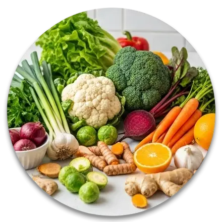 A circular arrangement of various colorful vegetables and fruits, showcasing their vibrant textures and shapes.