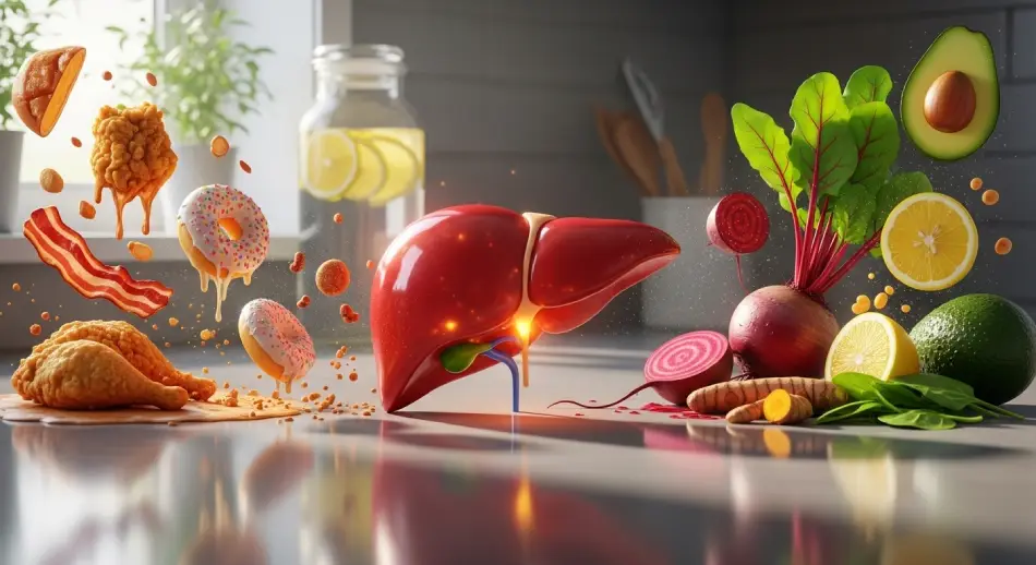 A kitchen counter displaying liver alongside a variety of vegetables and fruits.
