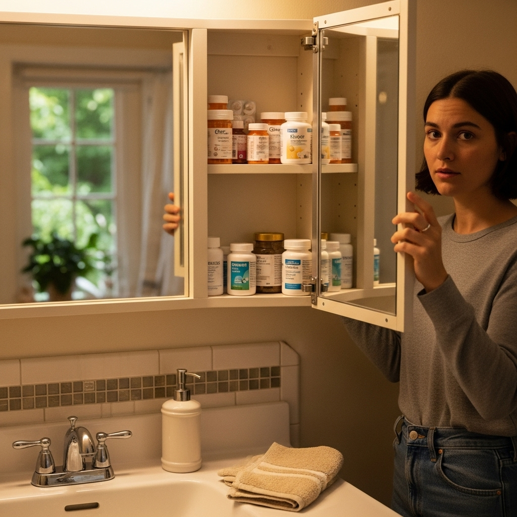 Person opens mirrored bathroom cabinet filled with medicine bottles; sink below holds folded towels and a soap dispenser.