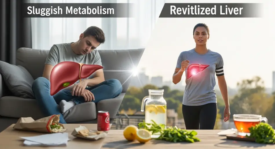 Sluggish metabolism vs. healthy liver: junk food and inactivity slow it down, good habits help revitalize.