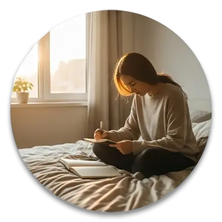 A woman sits on her bed, writing in her journal as a method of stress management and self-reflection.