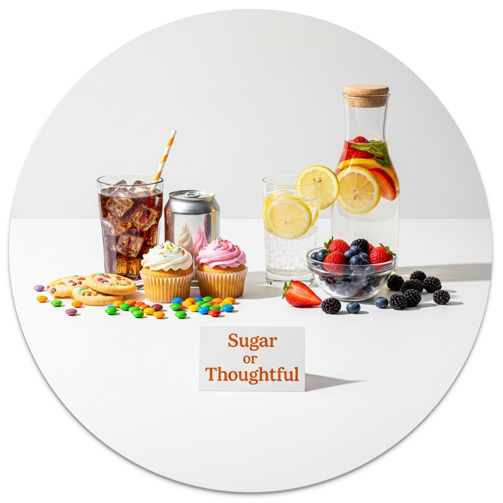 Comparison of sugary snacks vs. healthier fruit options with a sign reading 'Sugar or Thoughtful'.
