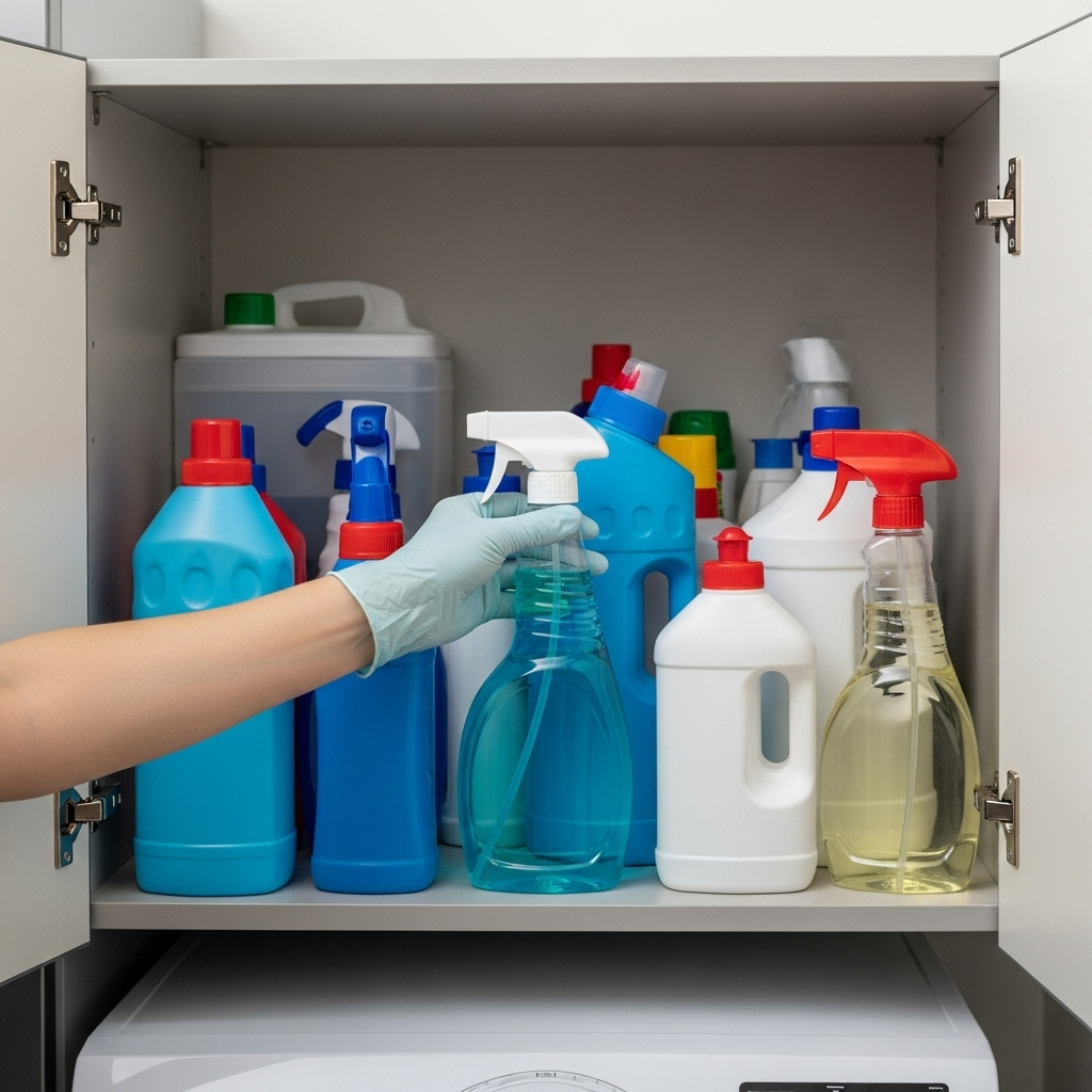 Gloved hand reaches for blue spray bottle in cabinet filled with neatly arranged cleaning supplies and household products.