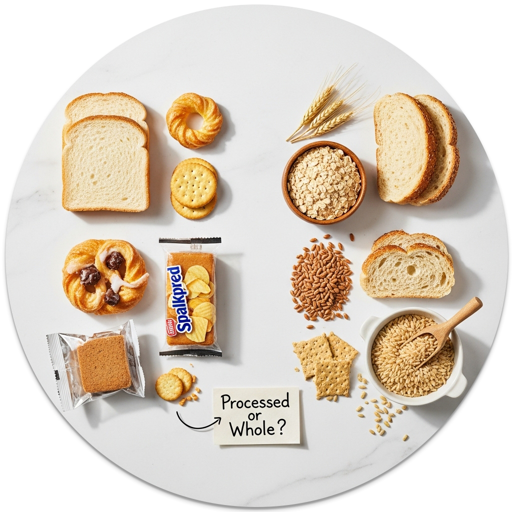 Side-by-side comparison of processed foods and whole grains with a sign asking, 'Processed or Whole?