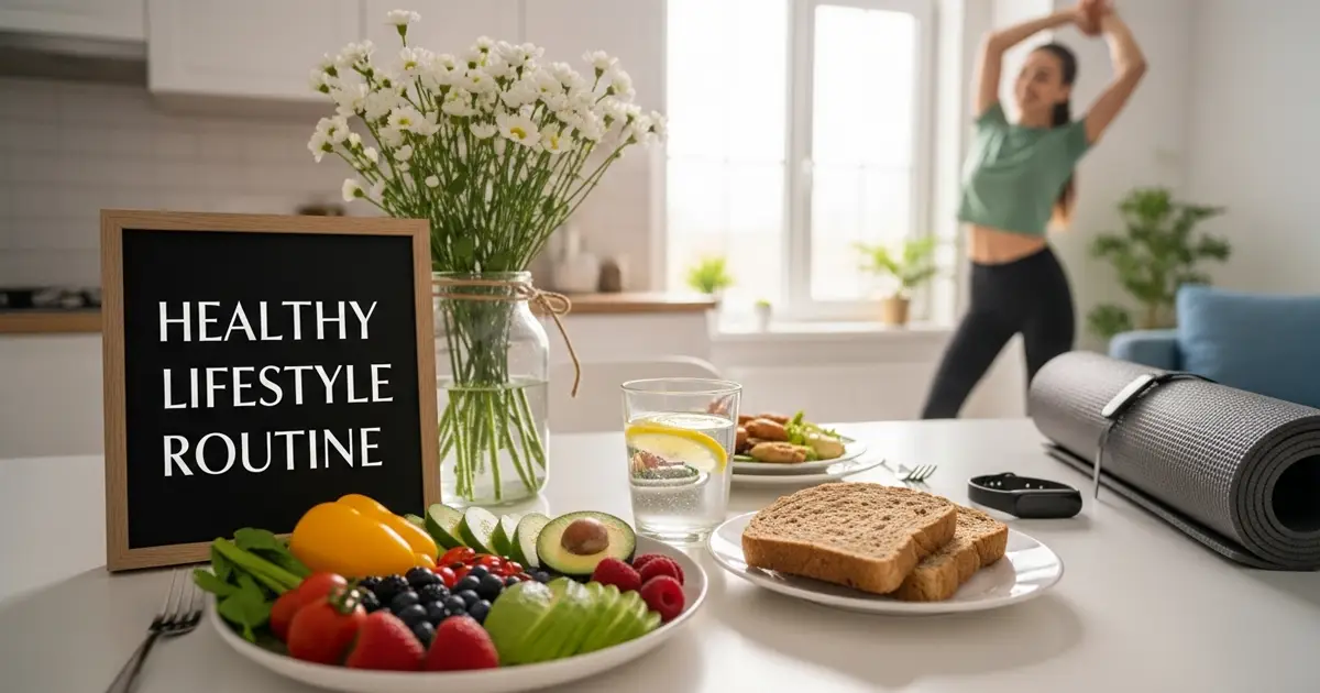 Table with healthy foods, lemon water, yoga mat, and sign 'Healthy Lifestyle Routine'; person stretching in background.