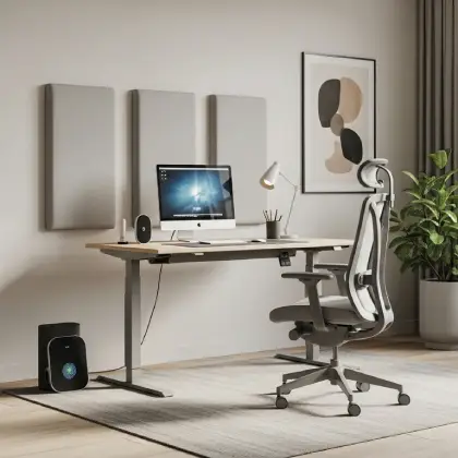 A sleek modern home office featuring a stylish desk and ergonomic chair.