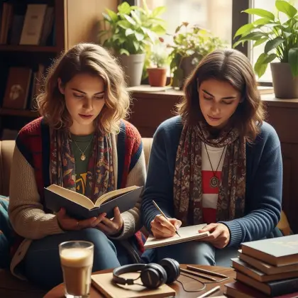 Two women relax with books and journals in a cozy nook—nurturing creativity, reflection, and shared quiet moments