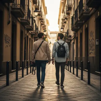Two men stroll through a vibrant alley at sunset, sharing backpacks, stories, and the journey of chosen companionship.