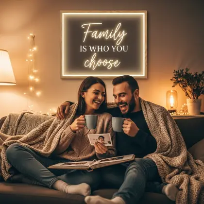 Two people cozied up with mugs under blankets, smiling beneath a sign that reads 'Family is who you choose'—pure kinship.