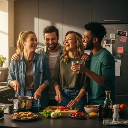 Four friends laugh and cook together in a sleek kitchen—celebrating joy, belonging, and the warmth of chosen kinship.