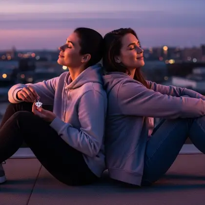Two friends sit back-to-back on a rooftop at sunset, one holding a diamond—honoring the strength of heartfelt bonds.