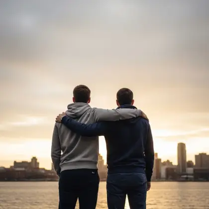 Two men embrace by a glowing city skyline at sunset—capturing the enduring strength of heartfelt friendship.