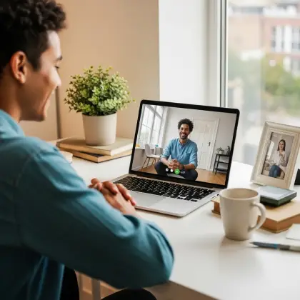 A person video chats from a cozy desk with books, plants, and photos—blending comfort, memory, and digital connection.