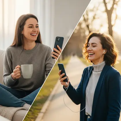 Two friends video chat from different places—one indoors, one outdoors—bridging distance with laughter and connection.