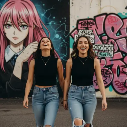 Two young women laugh heartily in front of a colorful mural, embodying the joy of friendship and shared experiences