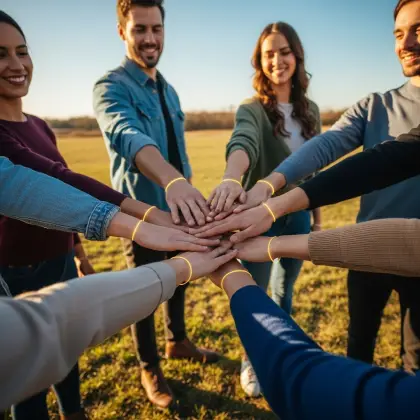 Hands stack in unity as a circle of people wear golden thread bracelets—symbolizing connection, trust, and shared strength.