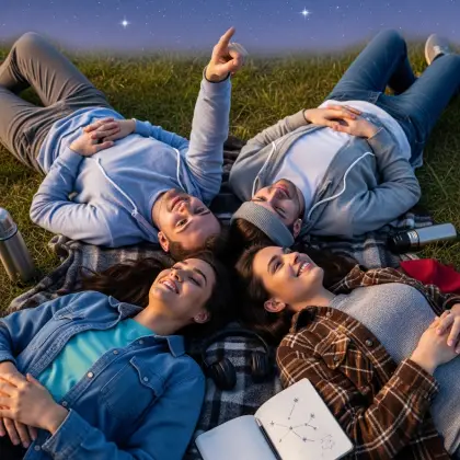 Four friends lie on a blanket under a starry sky, one points upward—capturing awe, wonder, and stargazing serenity.