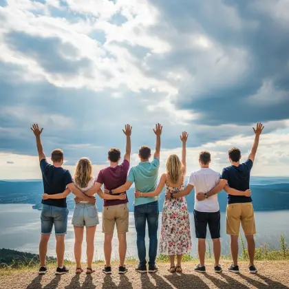 Six friends stand arm-in-arm overlooking a glowing lake and mountains—cherishing nature's peace and treasured connection.