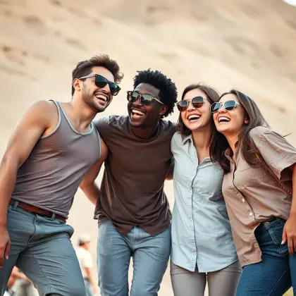 Four friends stand close in a golden desert landscape—radiating warmth, unity, and the shared gift of presence.
