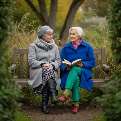 Two older women sit on a bench, sharing books and laughter, embodying the healing power of friendship.