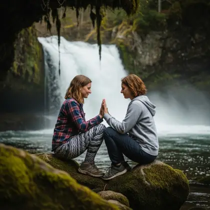 Two women seated on a rock by a river, enjoying each other's company and the calming influence of their friendship.