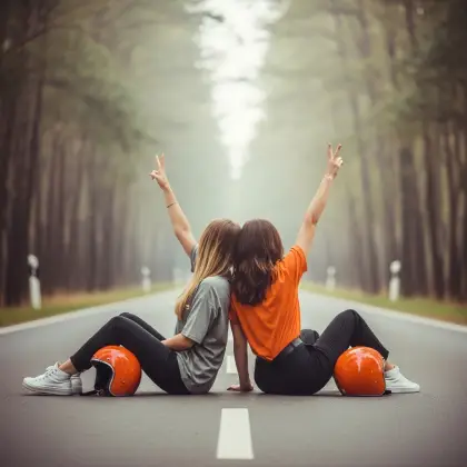 Two friends sit on a peaceful forest road in orange helmets, flashing peace signs—honoring joy, trust, and lasting bonds.
