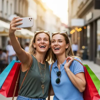 Two friends take a cheerful selfie with shopping bags in hand—celebrating shared joy and the treasures of companionship.