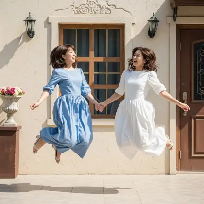 Two friends in flowy dresses leap hand in hand, smiling wide—celebrating joy, freedom, and the magic of true friendship.
