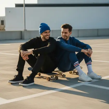 Two friends sit back-to-back on skateboards in a sunlit lot—balancing fun, trust, and the ease of true friendship.