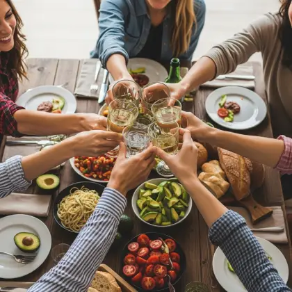  Friends raise glasses in a cheerful toast over a colorful feast—celebrating milestones and the joy of rising together.