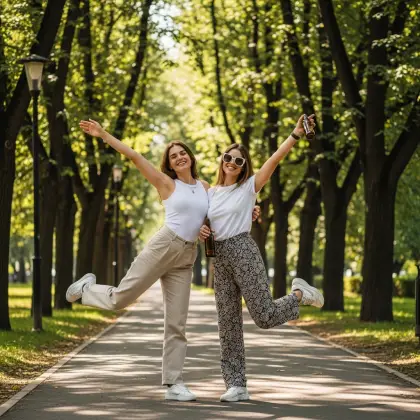 Two women in white attire joyfully dance together in a park, embodying friendship and the spirit of giving.