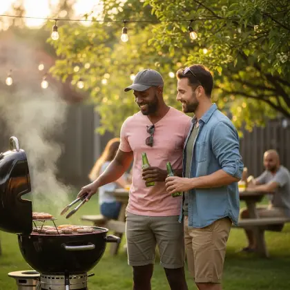 Two friends grill and laugh together under glowing string lights—savoring the simple joy of connection and good company.