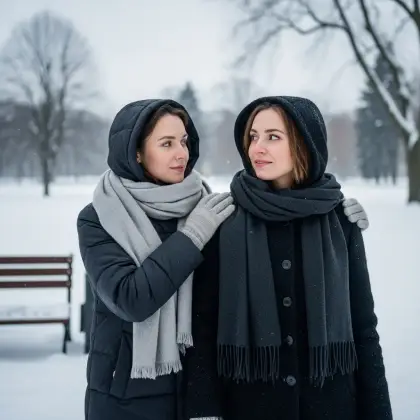 Two friends bundled up in a snowy park share a warm moment—capturing the quiet comfort of true friendship in winter.