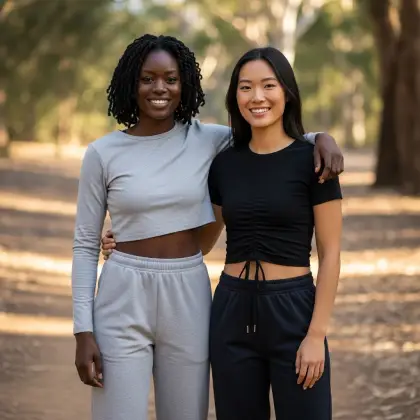 Two cheerful young women pose for a photo, embodying the joy and warmth of their friendship in a delightful moment.