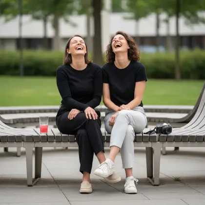 Two friends sit on a wall, hands resting on their knees, embodying the joy and companionship of true friendship.