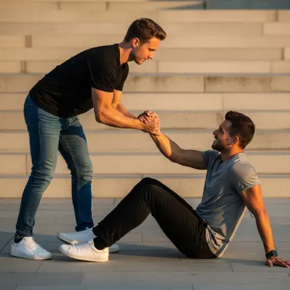One man reaches out with a steady hand to lift another—capturing the essence of support, care, and growing together.