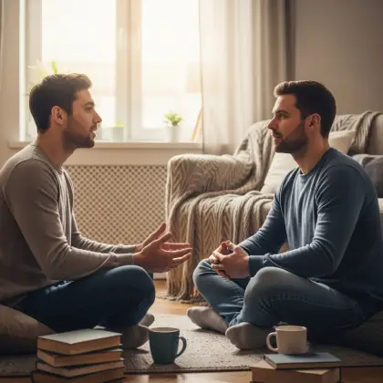Two friends sit cross-legged in a cozy room, sharing a heartfelt talk—surrounded by books, warmth, and quiet understanding.
